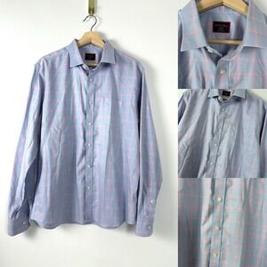 UnTuckit Shirt Mens Large Wrinkle Free Button Long Sleeve Blue Pink Plaid Castel